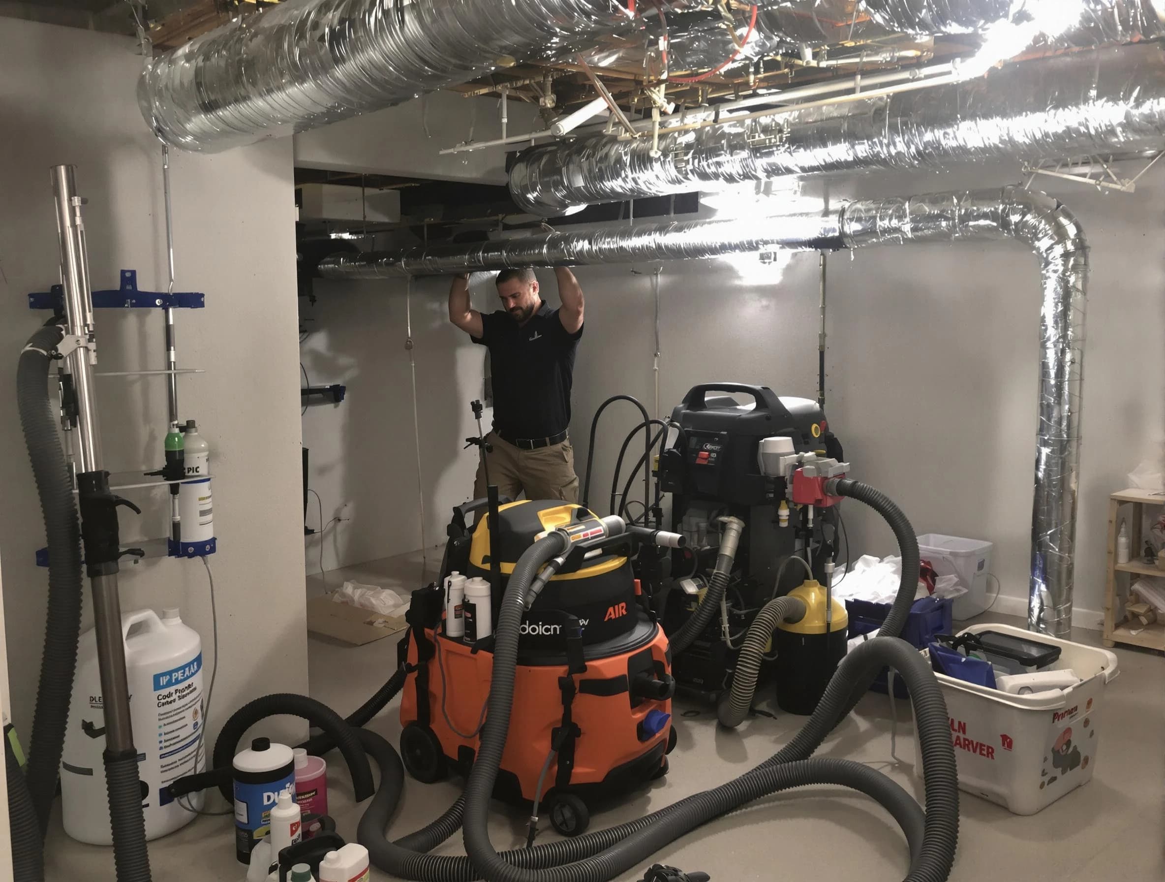 Mustang Air Duct Cleaning specialist performing professional mold removal from air ducts using safety equipment in Mustang