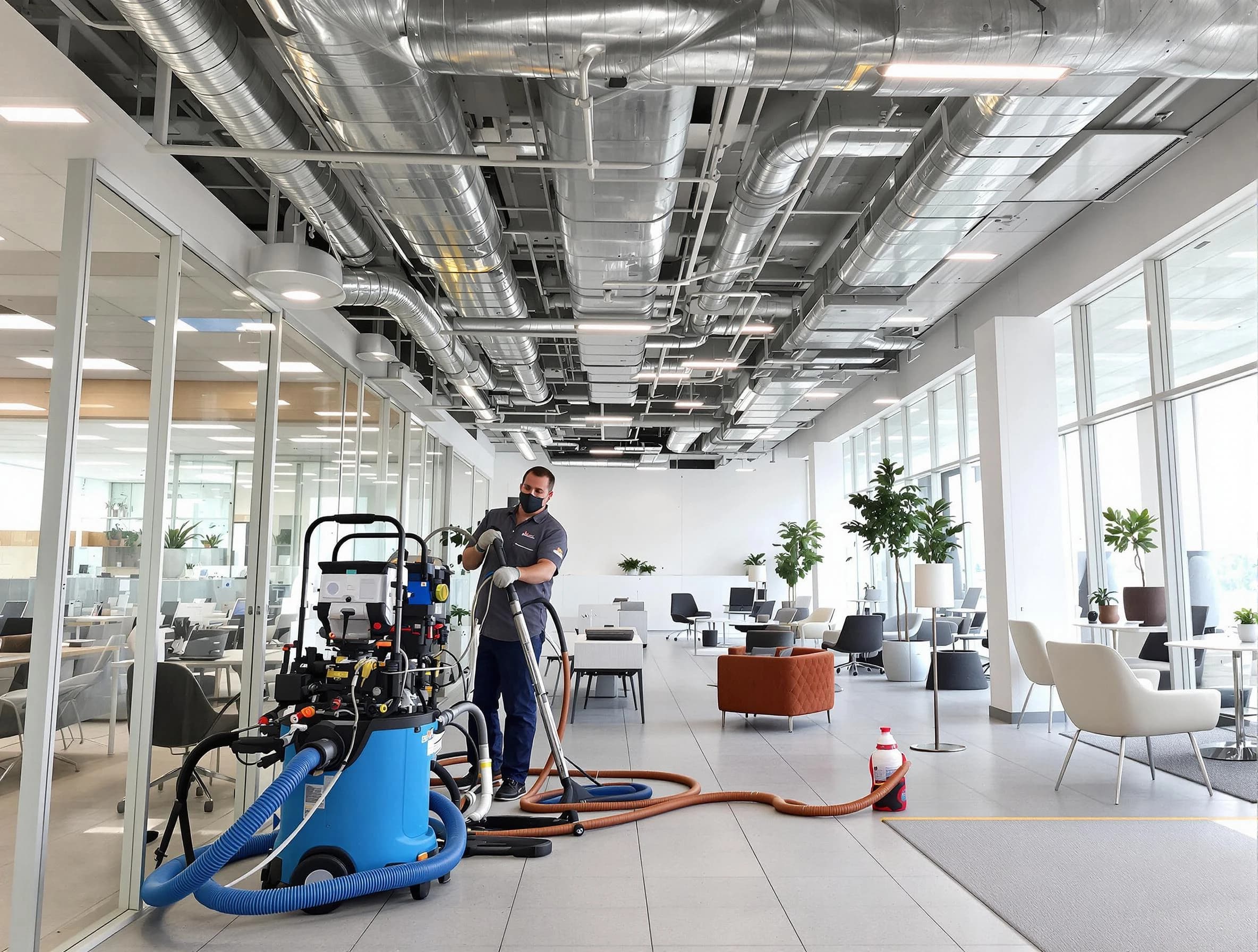 Mustang Air Duct Cleaning team conducting comprehensive commercial duct cleaning at a business location in Mustang