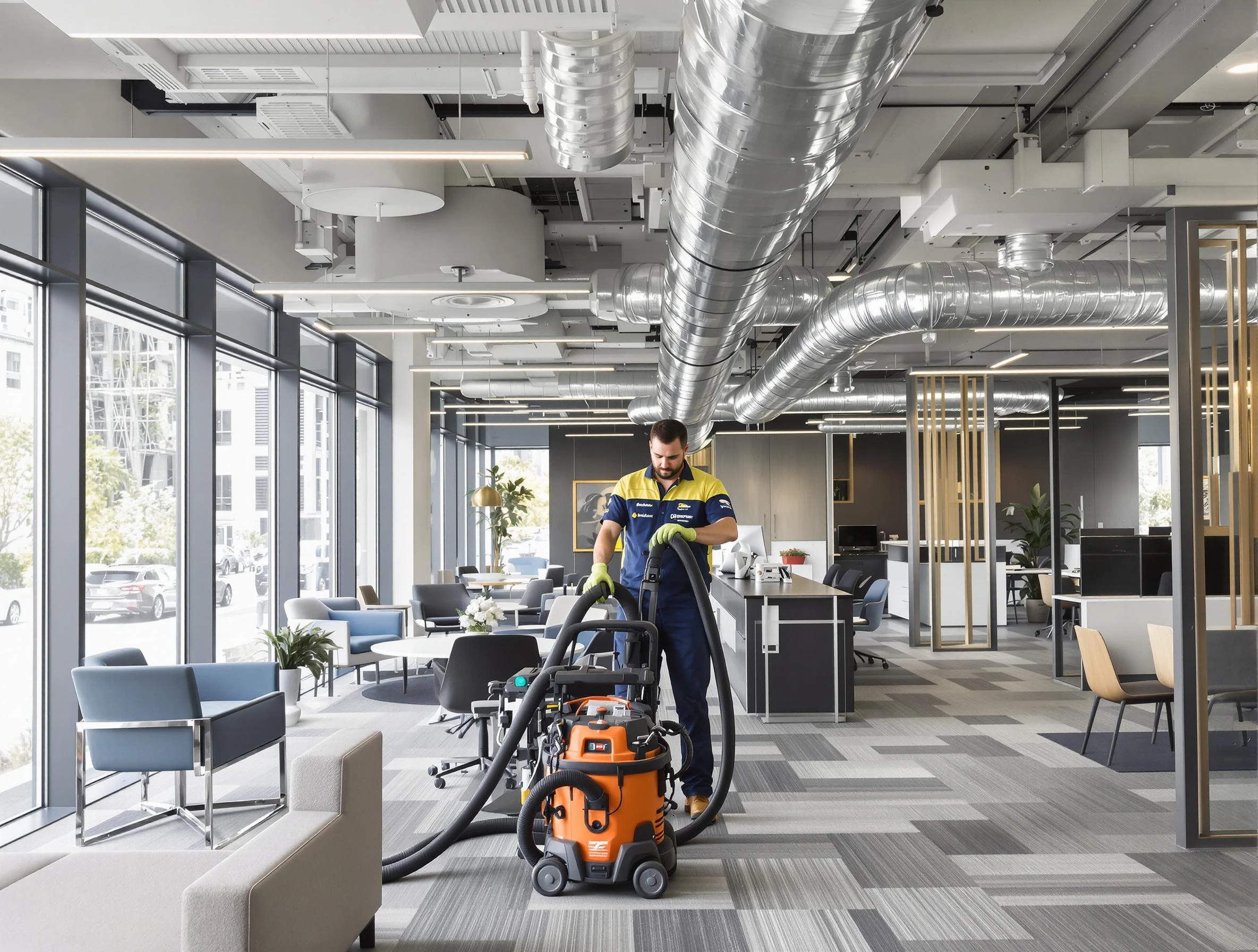 Mustang Air Duct Cleaning team performing thorough commercial duct cleaning at a Mustang business center